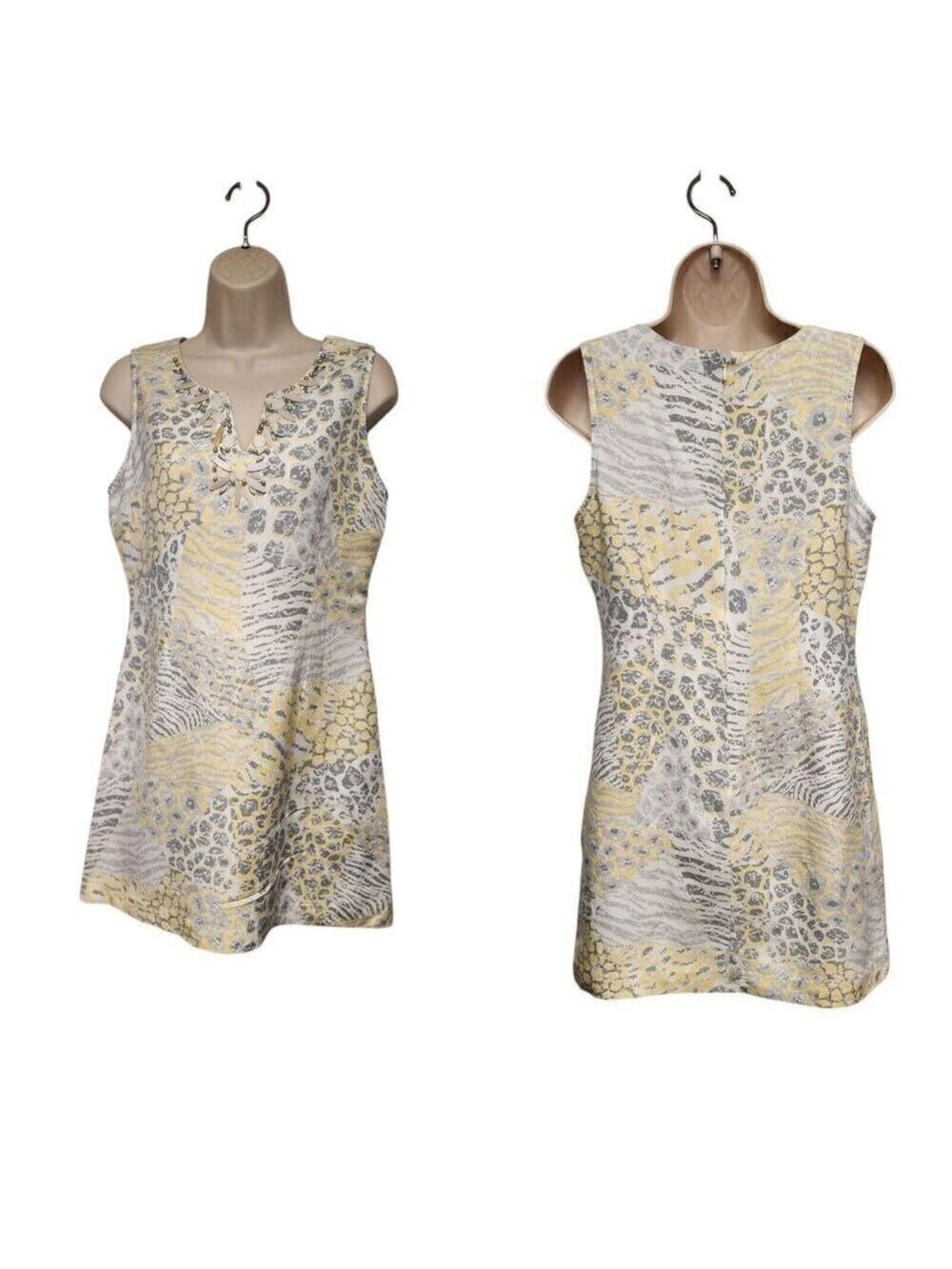 Ruby Rd. Beaded Notched V-Neck Floral Linen Shift Dress White Size 6P